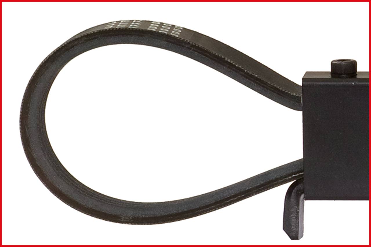 Czarny kabel jest zaciśnięty w mechanizmie blokującym, z czerwoną ramką wokół obrazu.