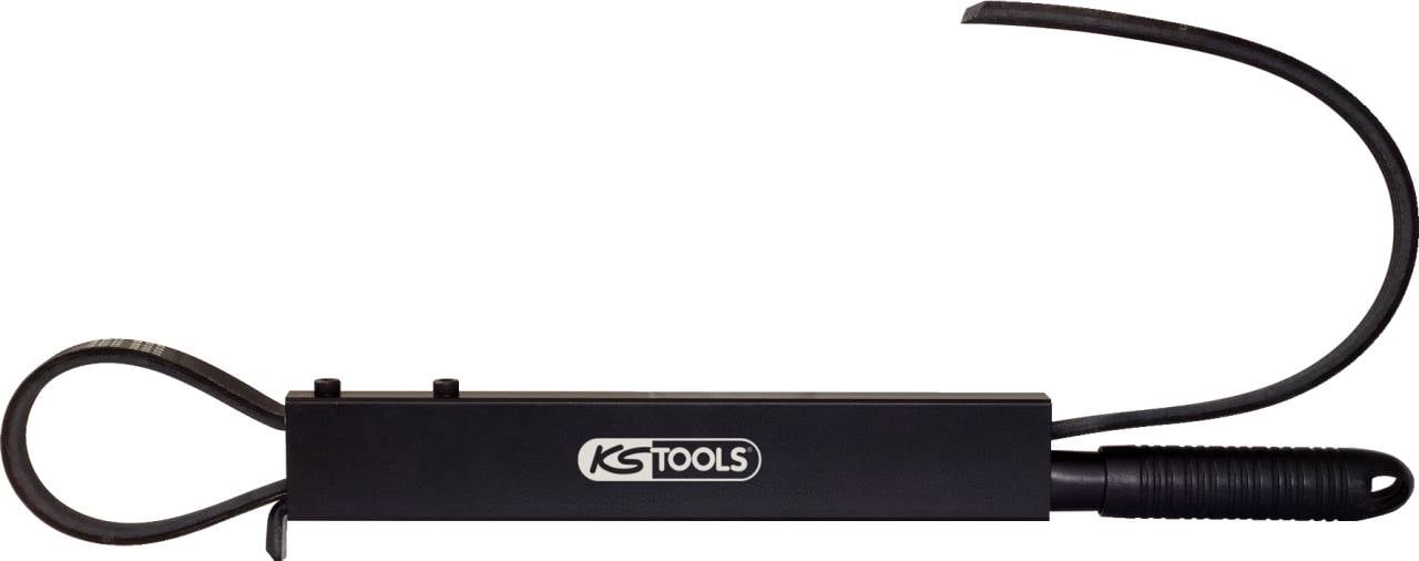 Czarne narzędzie z uchwytem i elastyczną taśmą. Na powierzchni wydrukowane jest logo 'KS Tools'. Używane jest podczas instalacji kabli lub rur.