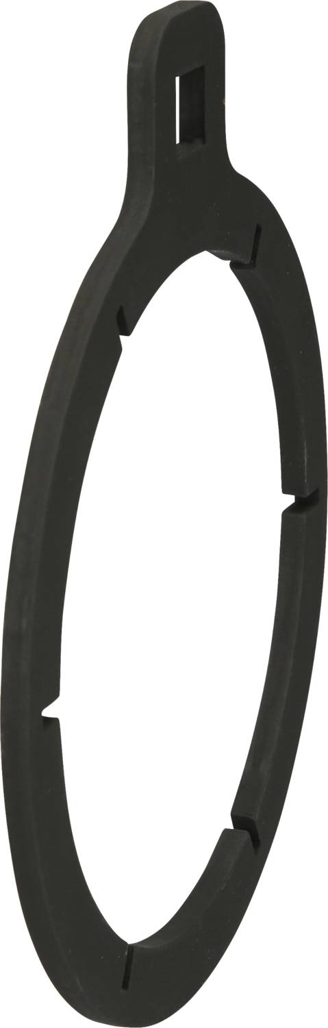 Czarny owalny pierścień z tworzywa sztucznego z płaskim, wąskim hakiem u góry, prawdopodobnie element systemu mocowania lub zawieszenia.