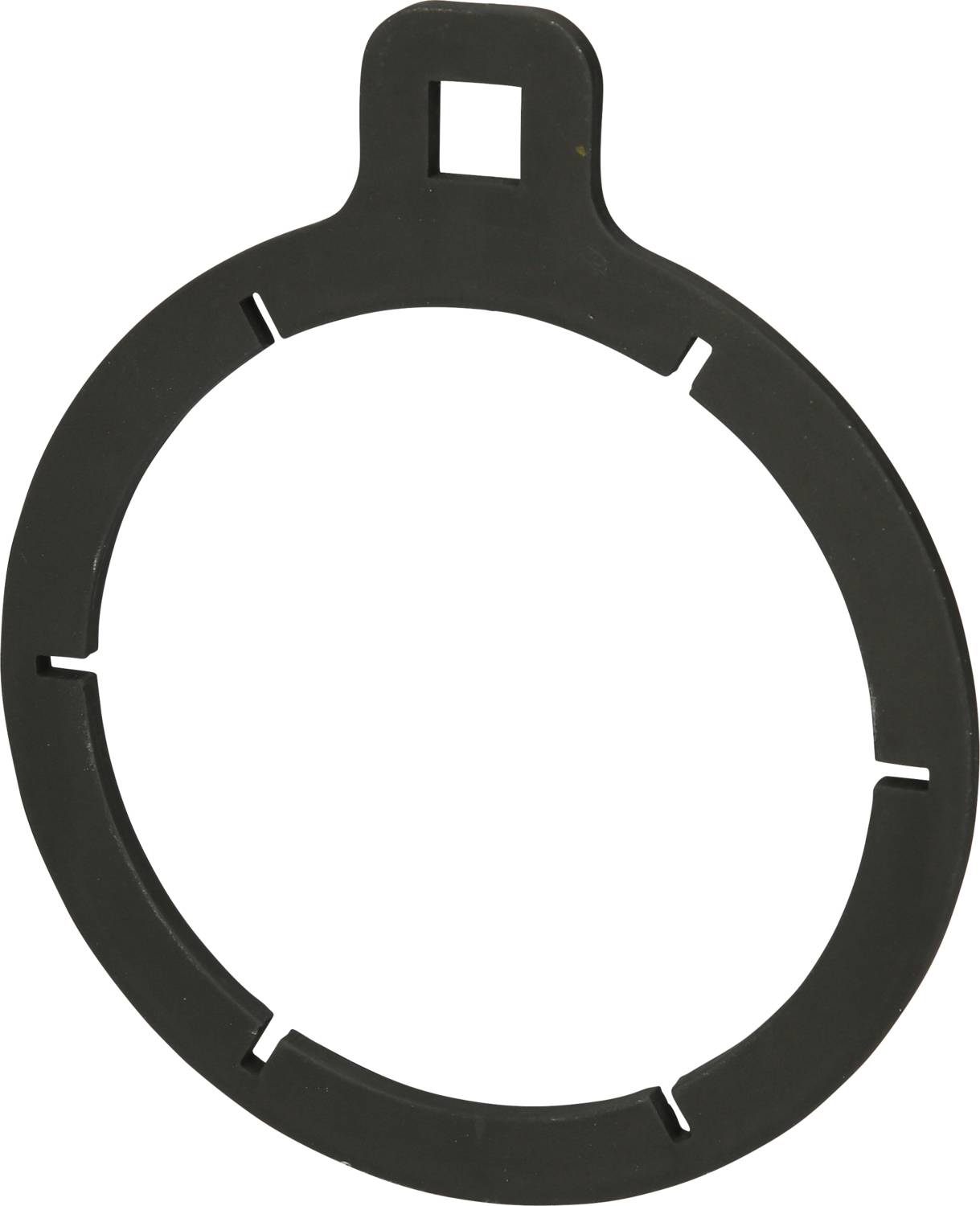 Czarny pierścień z tworzywa sztucznego z czterema małymi wycięciami oraz kwadratowym otworem u góry do zawieszenia lub zamocowania.