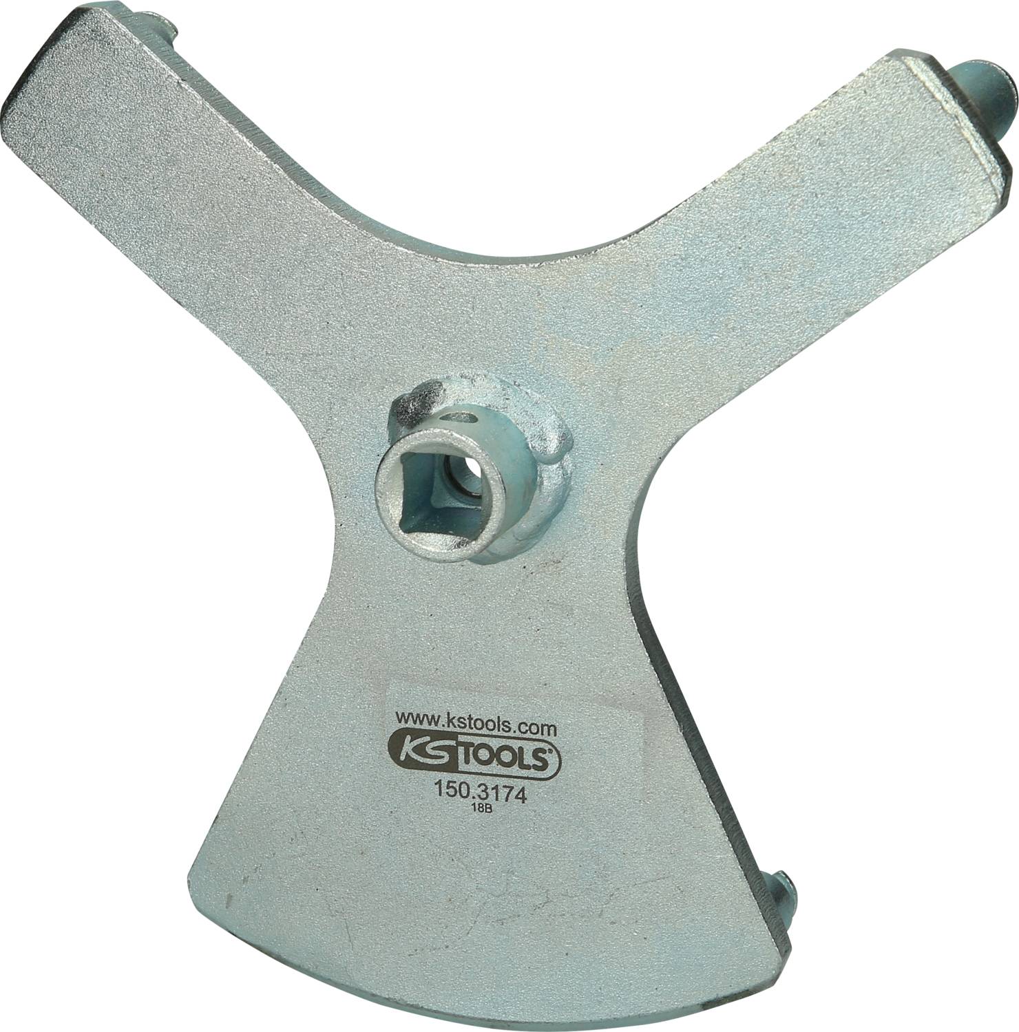 Metalowy klucz do filtra oleju w kształcie litery Y z centralnym czworokątnym gniazdem. Widoczne logo i numer części KS Tools.