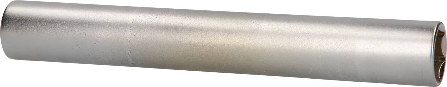 Srebrny, cylindryczny pręt metalowy o gładkiej powierzchni, przypominający wałek lub rurę.