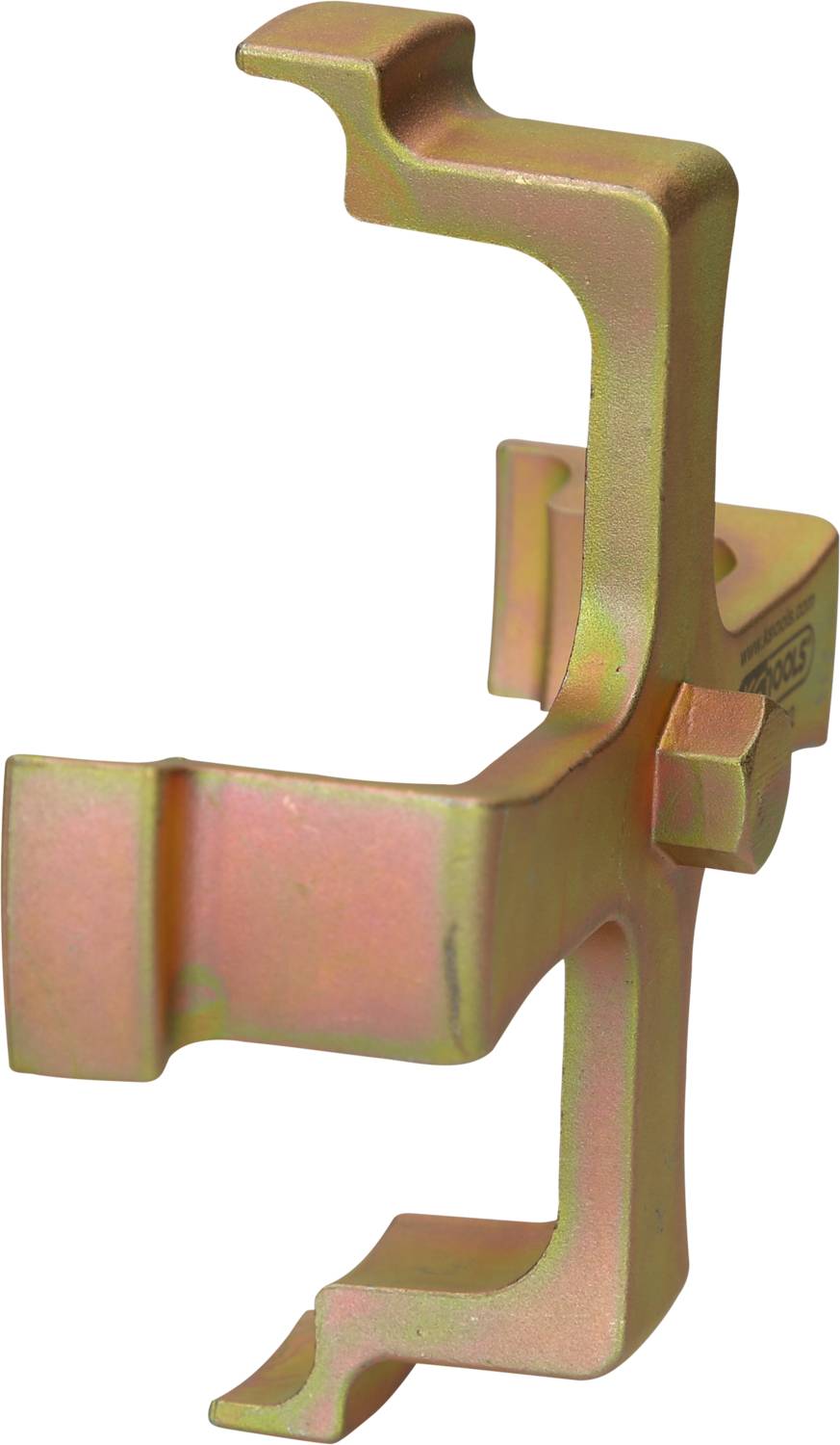 Brązowy, metalowy zacisk z hakiem i krawędziami do mocowania materiałów podczas prac budowlanych lub instalacyjnych elektrycznych.