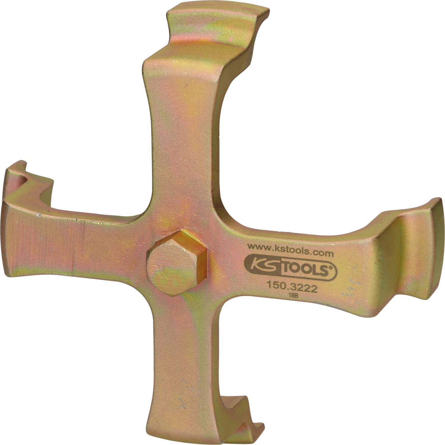 Złoty metalowy klucz krzyżowy z napisem 'KS Tools'. Posiada cztery końcówki z różnymi otworami do odkręcania nakrętek.