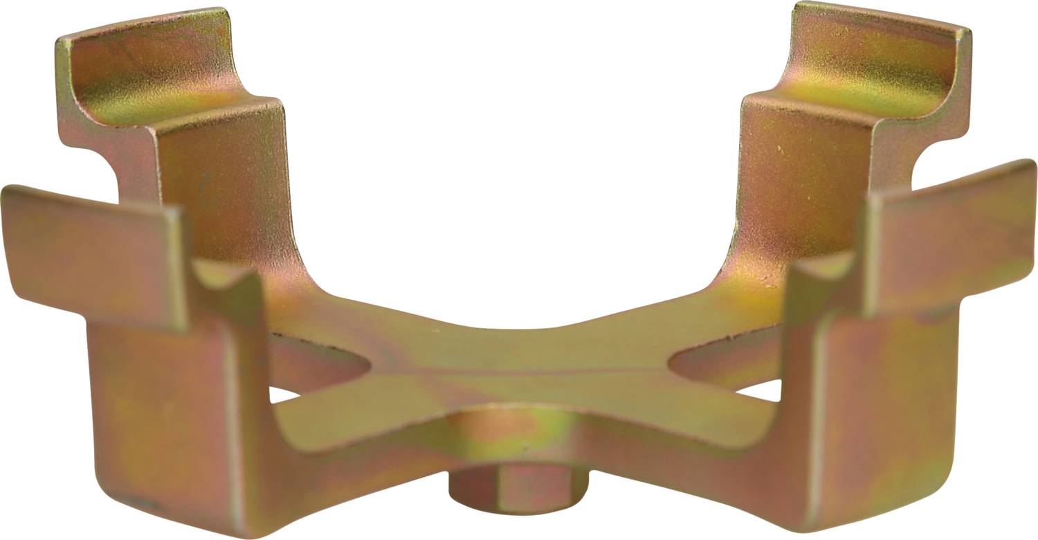 Metalowy uchwyt o czterech ramionach, symetrycznie ukształtowany. Ramiona są lekko wygięte ku górze na swoich końcach.