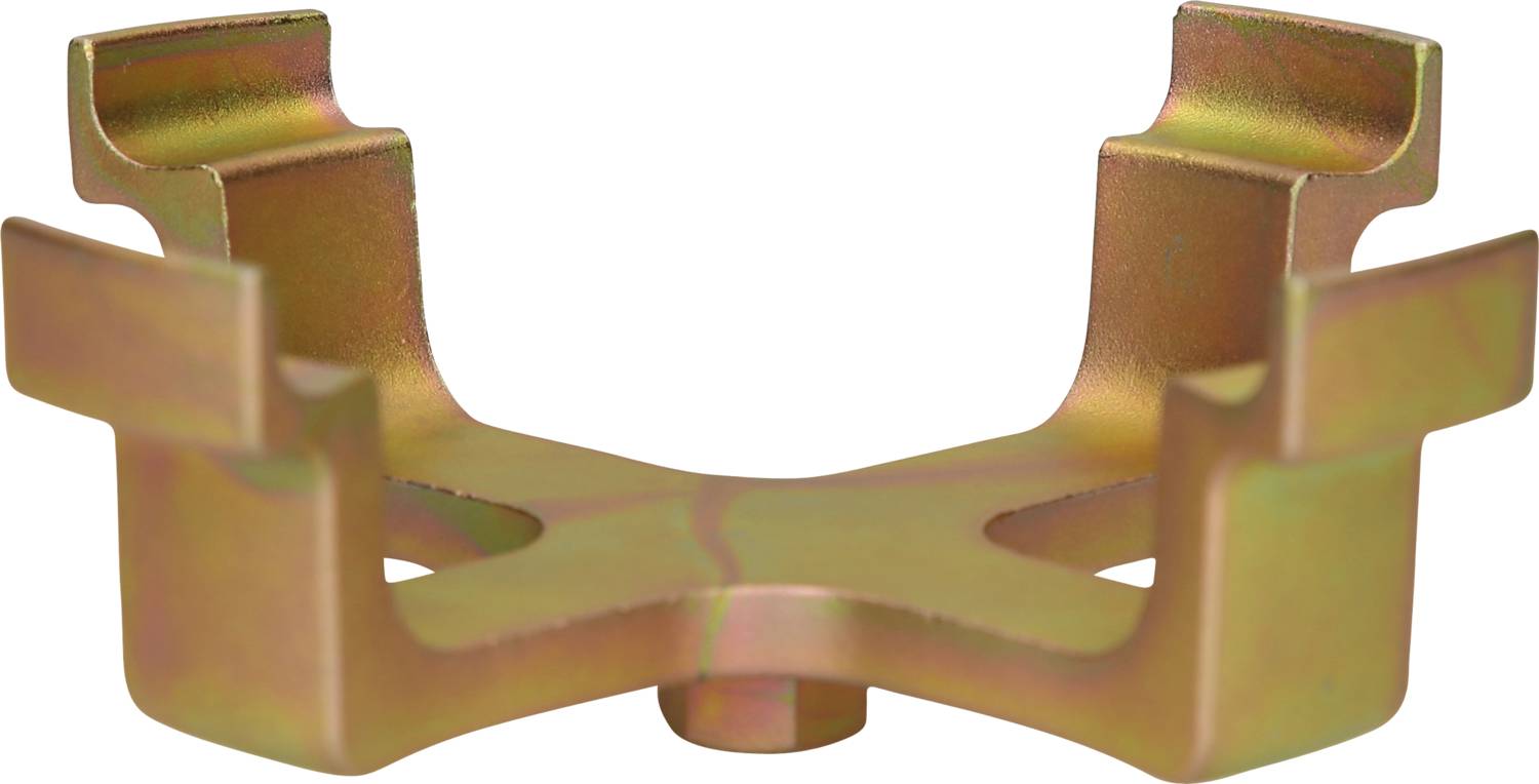 Złoty, metaliczny element łączący z czterema symetrycznie wznoszącymi się zakładkami i centralnym otworem mocującym.