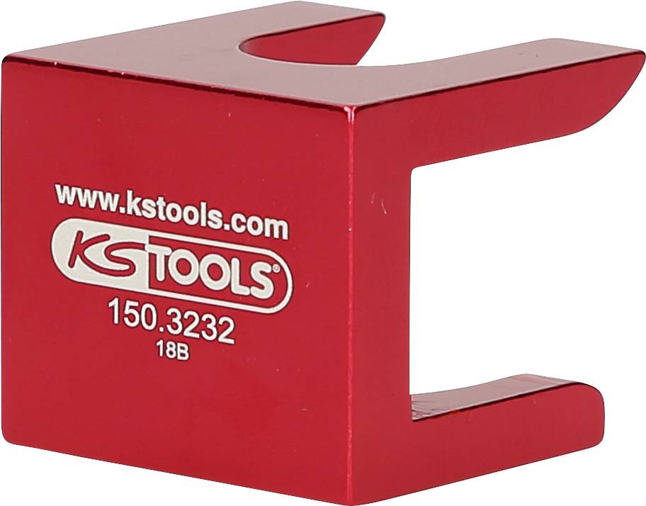 Czerwony blok metalowy z otworem w kształcie litery U, nadrukowanym napisem 'www.kstools.com' oraz '150.3232 18B'. Element narzędziowy firmy KS Tools.