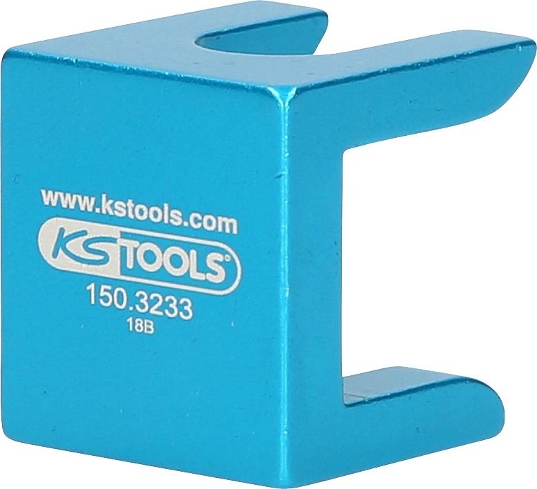 Niebieski, zakrzywiony uchwyt klucza nasadowego firmy KS Tools z nadrukiem 'www.kstools.com 150.3233 18B'.