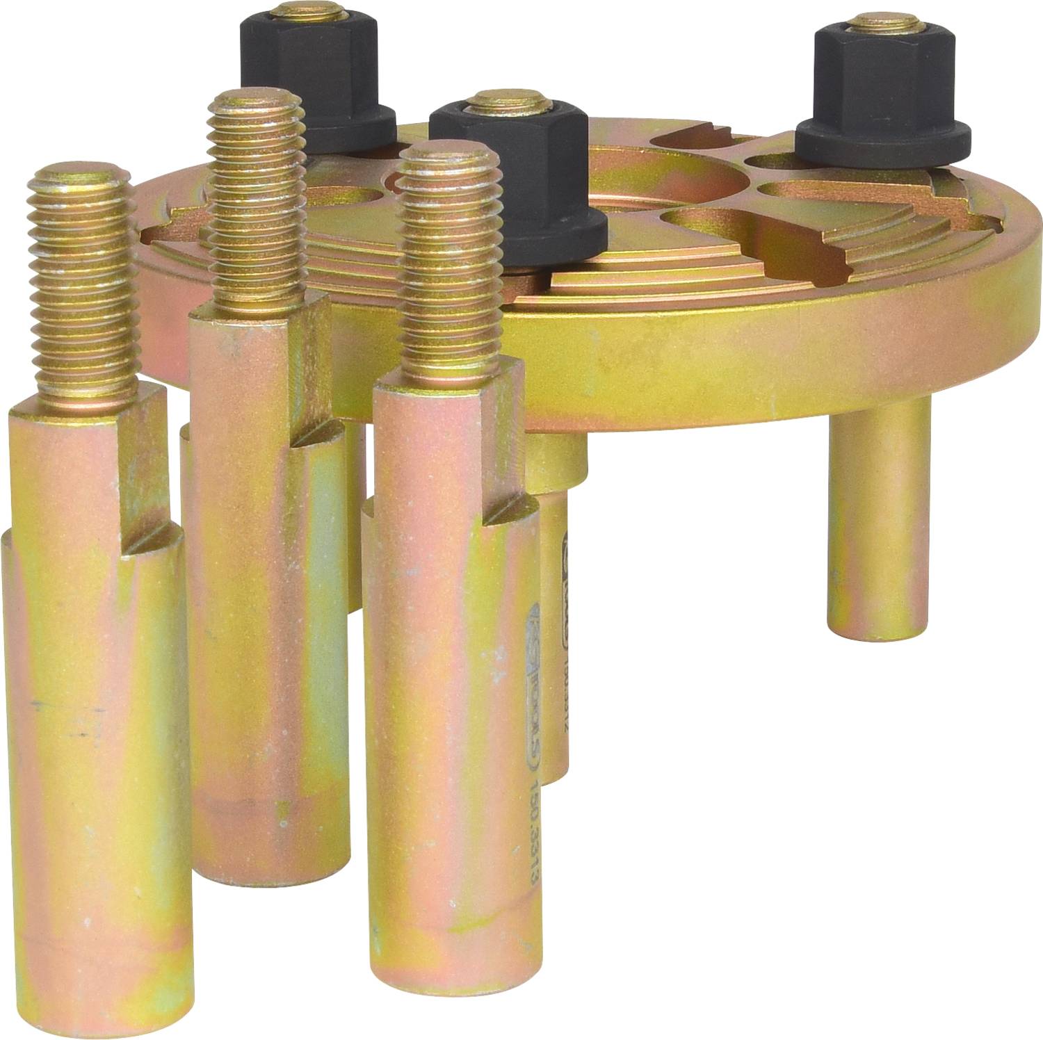 Narzędzie do naprawy piast kół z wieloma metalowymi sworzniami i czarnymi uchwytami. Idealne do precyzyjnego ustawienia i pewnego mocowania.