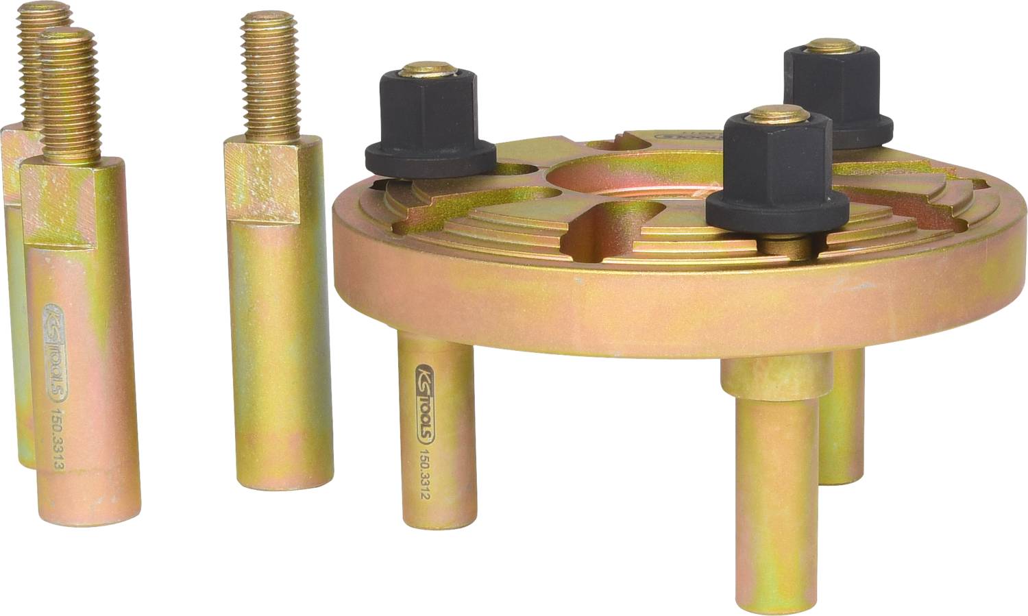 Metalowe narzędzie z okrągłym, żółtym talerzem, na którym znajdują się cztery śruby. Obok stoją cztery dłuższe, cylindryczne sworznie.