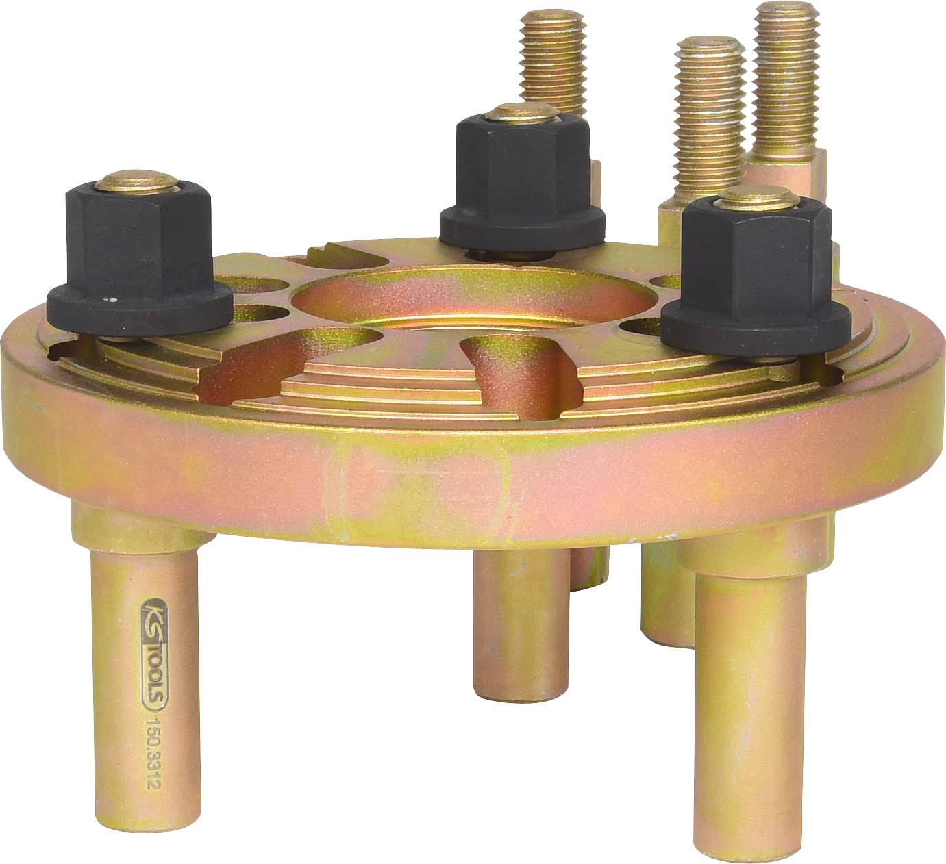 Okrągłe narzędzie metalowe z czterema pionowymi śrubami i nakrętkami. Stosowane do mocowania lub łączenia elementów w zastosowaniach inżynieryjnych.