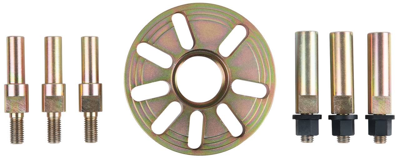 Zestaw metalowych narzędzi z okrągłą częścią pośrodku oraz sześcioma cylindrycznymi elementami zawierającymi śruby i śrubki.