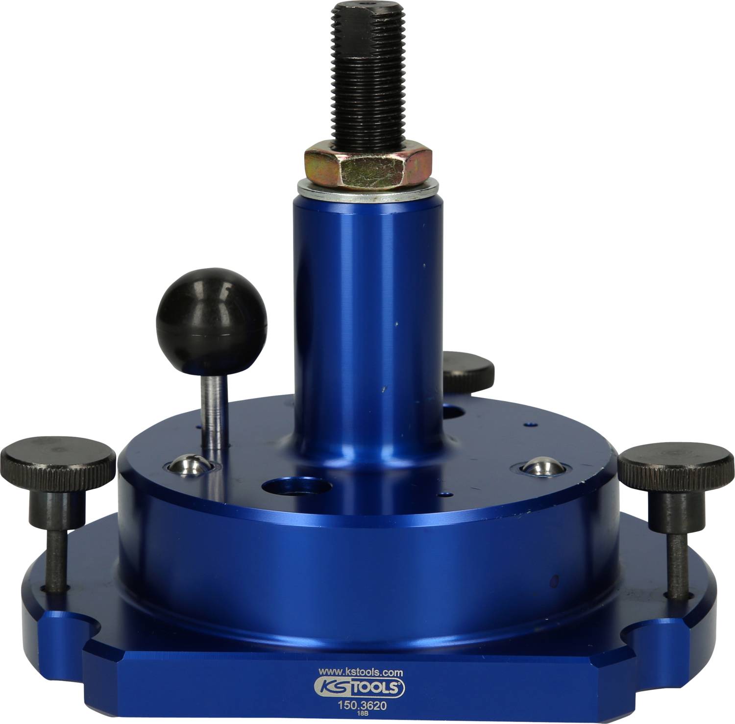 Niebieski adapter napinający z czarnym pokrętłem i śrubami, stosowany do mocowań maszyn lub warsztatów.