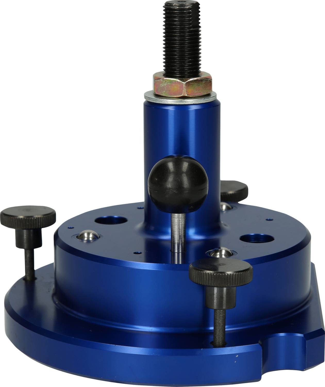 Niebieski, cylindryczny mechanizm metalowy z gwintem gwintowanym u góry i trzema regulowanymi śrubami mocującymi u podstawy.