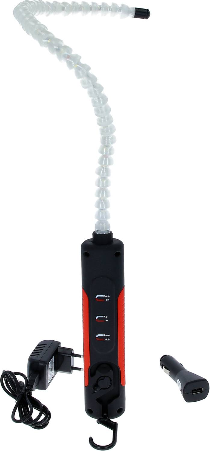 Elastyczna lampa LED z długą, giętką szyją i złączami USB. W zestawie znajduje się ładowarka i adapter samochodowy.
