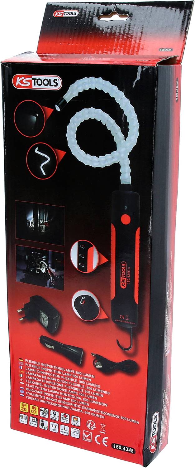 Opakowanie endoskopu inspekcyjnego z elastycznym przewodem i akcesoriami. Ilustracje przedstawiają możliwości zastosowania narzędzia.