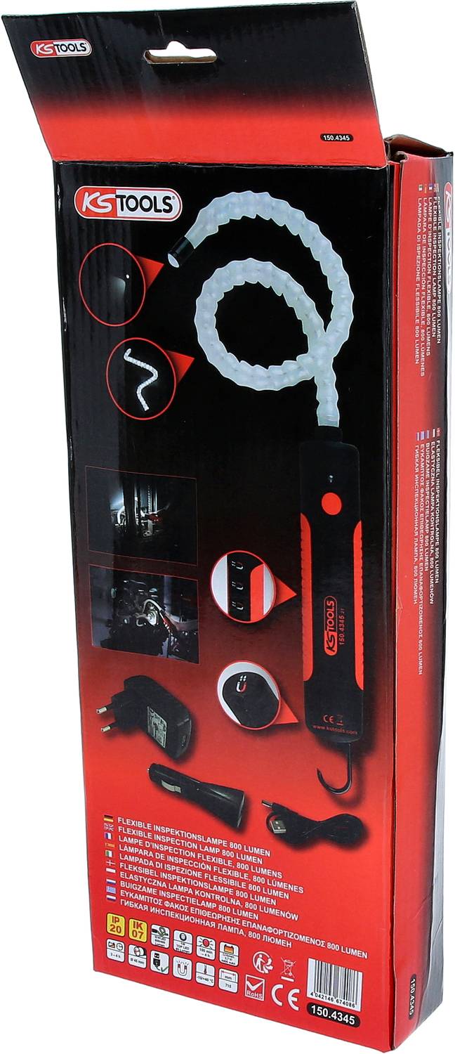 Wąskie opakowanie kamery endoskopowej KS Tools. Prezentuje kamerę z elastycznym przewodem, sterowaniem i szczegółami technicznymi na czerwonym tle.