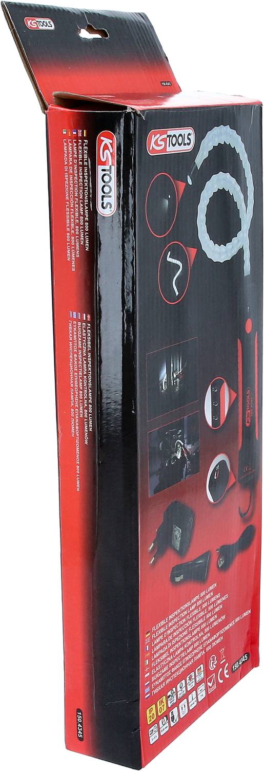 Opakowanie KS Tools z zestawem endoskopu wężowego, przedstawiające zdjęcia produktu i zawierające szczegóły techniczne na odwrocie.