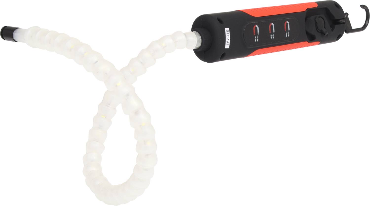 Elastyczna lampa robocza LED w czerwono-czarnej obudowie, z giętym ramieniem i hakiem, idealna do oświetlania trudno dostępnych miejsc.