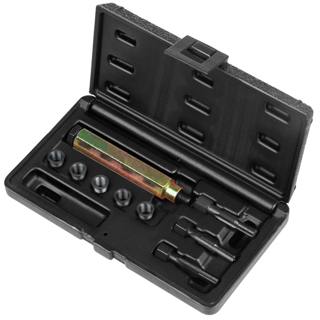 Skrzynka narzędziowa z różnymi nasadkami i centralnym narzędziem cylindrycznym, otwarta i prezentowana do wglądu.