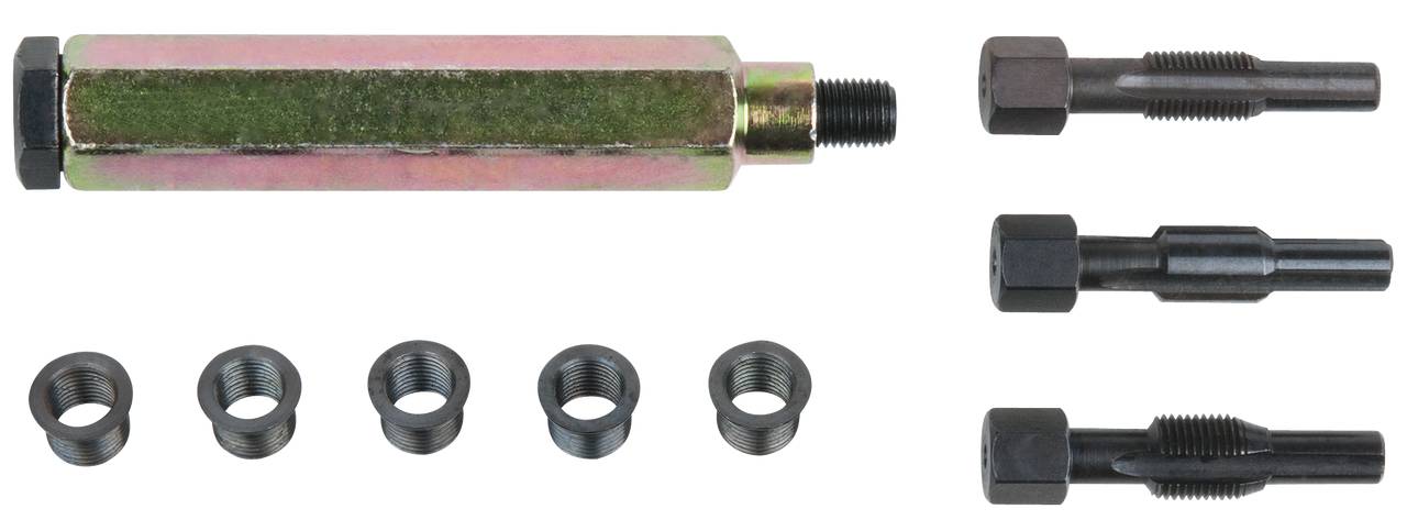 Zestaw składający się z pięciu elementów metalowych: cylindrycznego narzędzia, trzech sworzni o różnych zakończeniach oraz pięciu pasujących tulei.