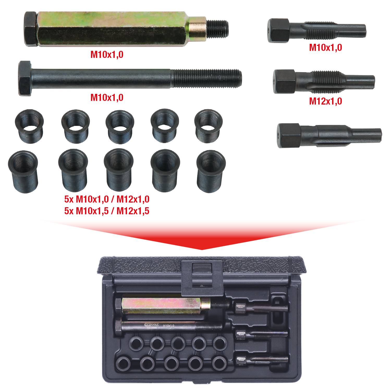 Zestaw śrub kątowych z akcesoriami i walizką transportową, składający się z różnych śrub i adapterów z oznaczeniami rozmiarów.