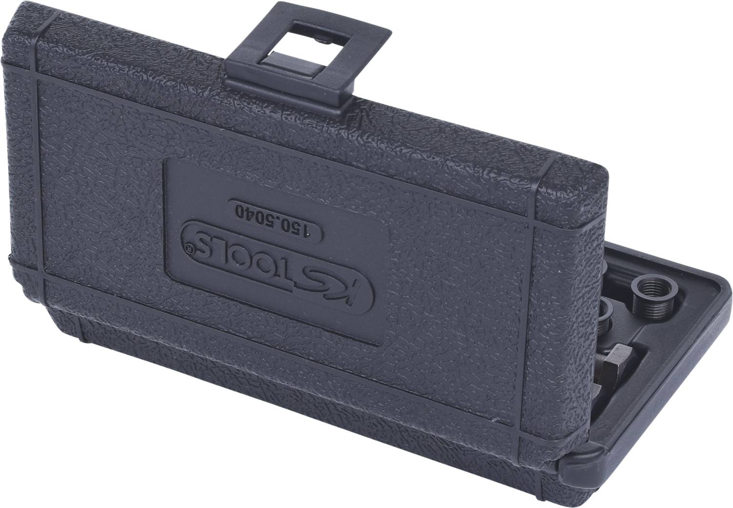 Czarny walizka na narzędzia, lekko otwarta, z uchwytem i wyściółką piankową, zaprojektowana do użytku warsztatowego.