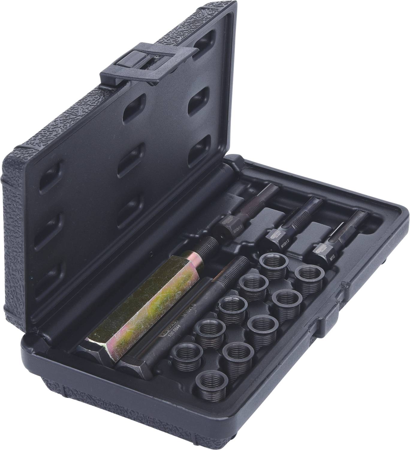 Otwarte czarne etui z różnymi narzędziami mechanicznymi, w tym śrubami i grotami, ułożonymi w przegródkach.