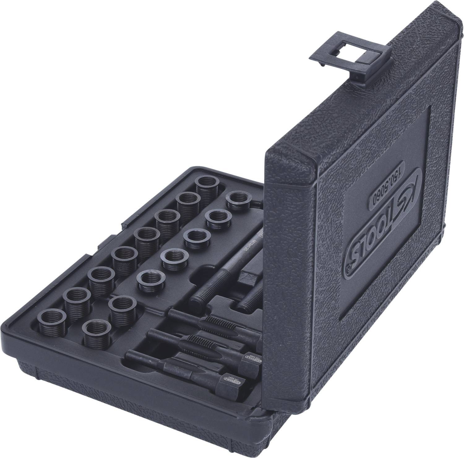 Otwarty czarny kufer na narzędzia z wieloma śrubami różnych rozmiarów, ułożonymi w prostokątnym przedziale.