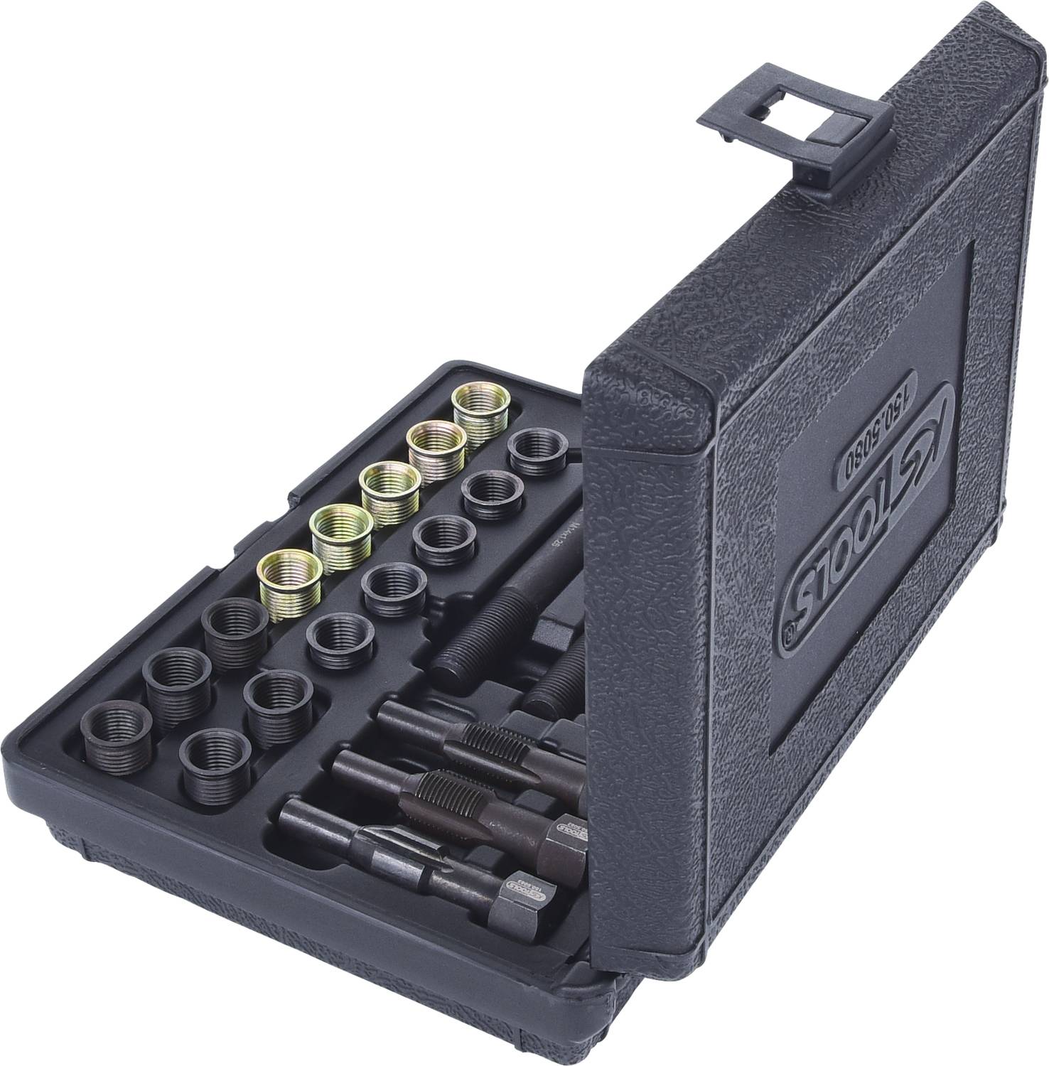 Czarny skrzynka narzędziowa z różnymi metalowymi adapterami i narzędziami ślusarskimi, ułożonymi w wyściółce piankowej.