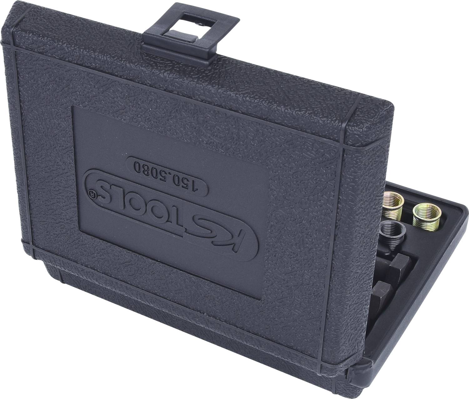 Czarny kufer narzędziowy z otwartą pokrywą, prezentujący różne metalowe wkładki gwintowane.