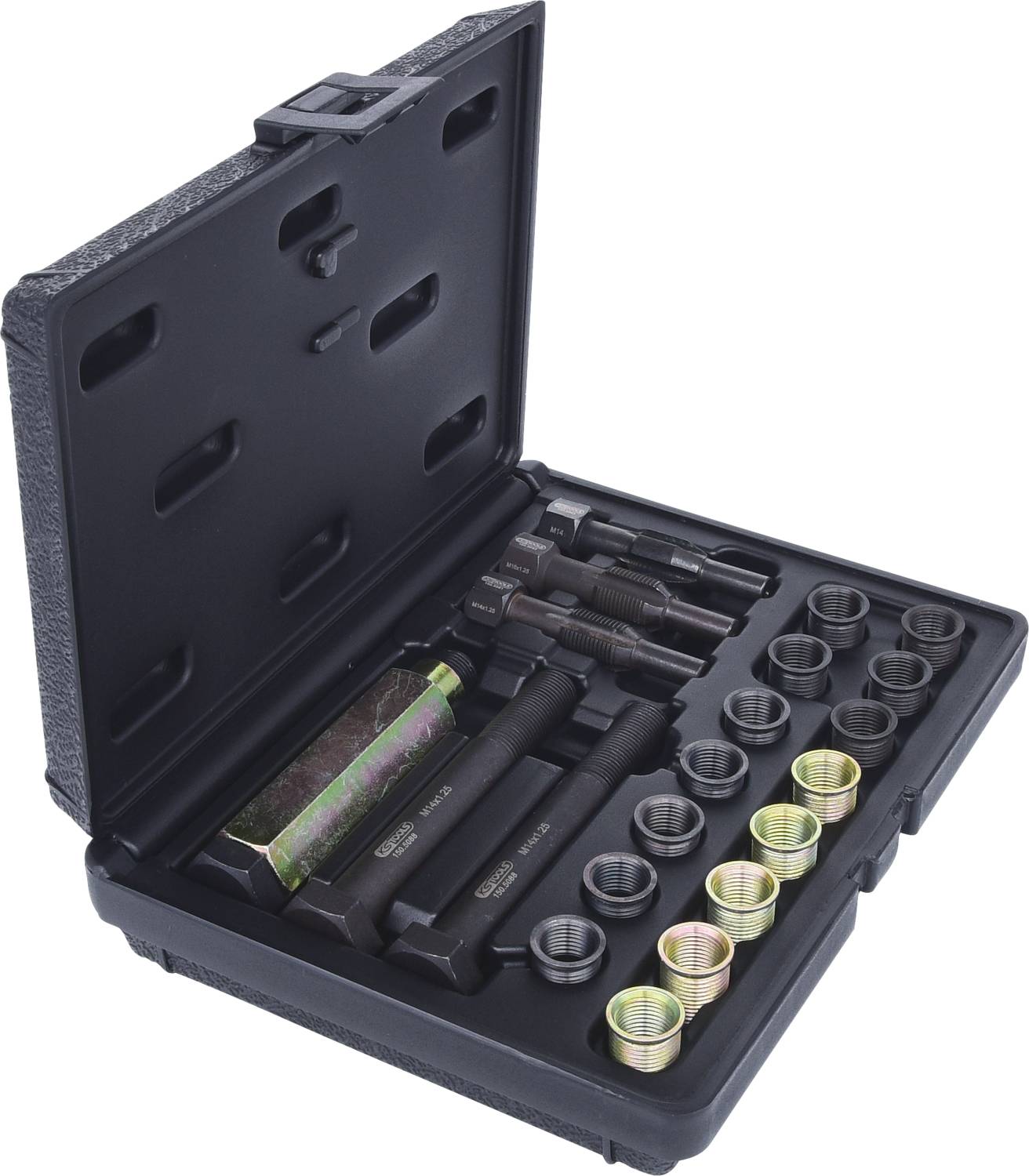 Otwarty czarny kufer z narzędziami i różnymi końcówkami w uporządkowanych przegródkach, odpowiedni do wykonywania napraw.