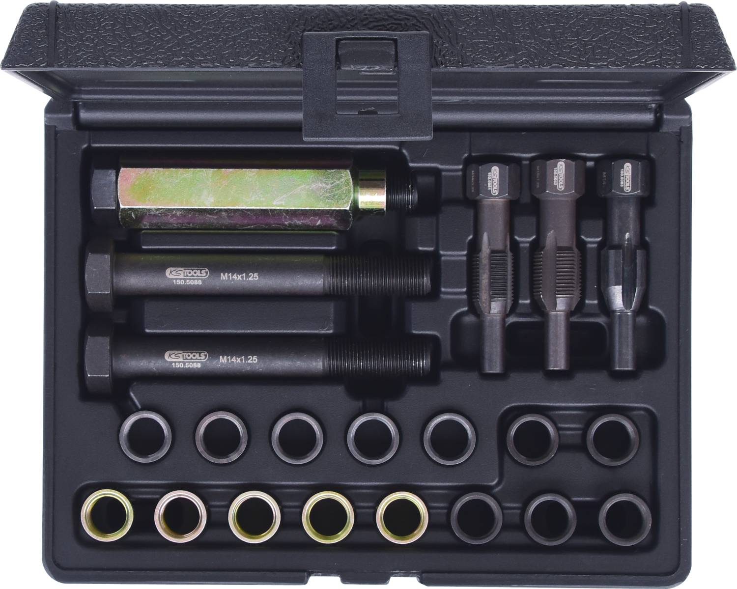 Zestaw naprawczy do gwintów samochodowych. Zawiera gwintowniki, śruby i wkładki w różnych rozmiarach w czarnym pudełku.