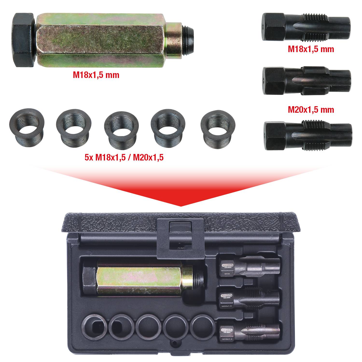 Zestaw narzędzi do naprawy gwintu Lambda: wkładki, gwintowniki i adaptery w czarnej walizce z tworzywa sztucznego.