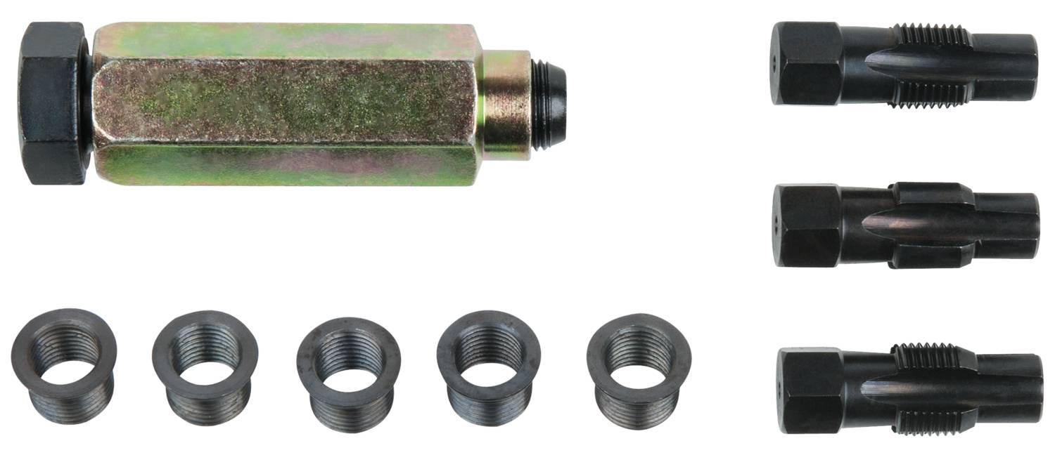 Zestaw złączek wtykowych z różnymi adapterami i wkładkami metalowymi, ułożonymi w rzędzie. Odpowiedni do różnych połączeń.