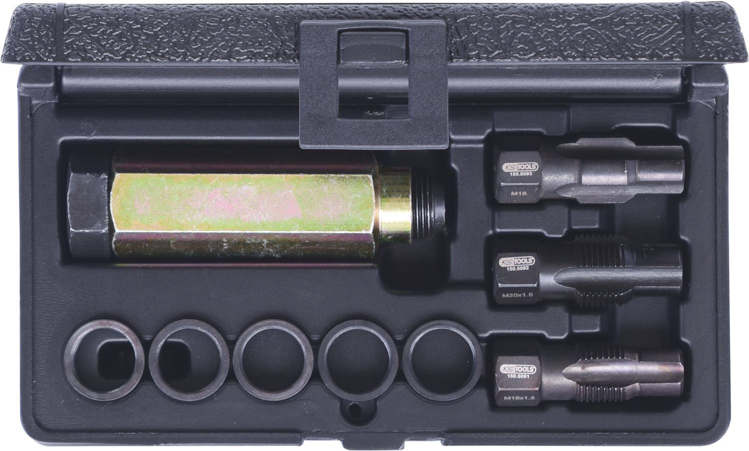 Zestaw narzędzi z pięcioma nasadkami, adapterem i czterema pierścieniami. Służy do odkręcania śrub i nakrętek o różnych rozmiarach.