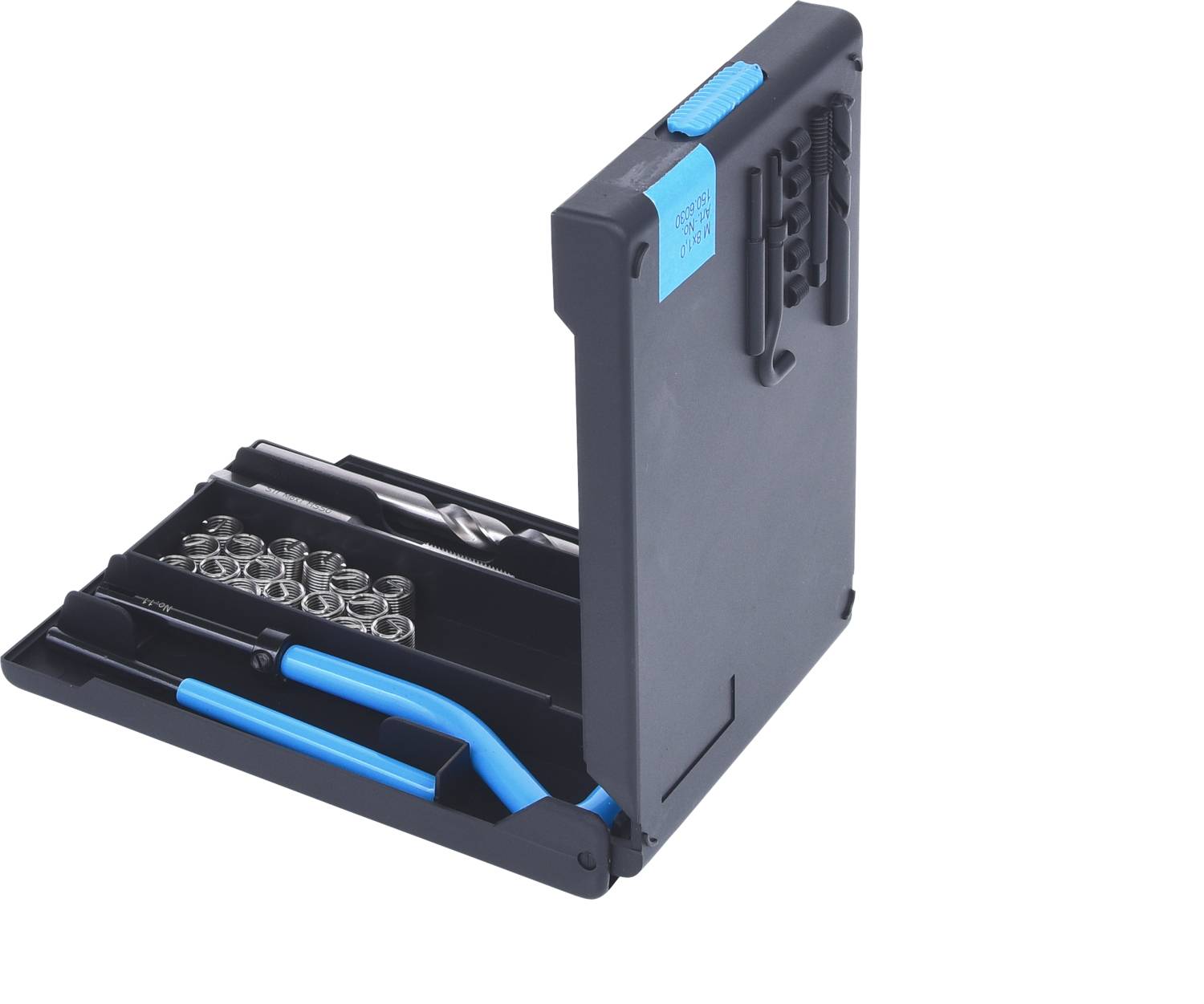 Zestaw narzędzi w otwartym etui z różnymi bitami i śrubokrętami, utrzymany głównie w kolorach czarnym i niebieskim.