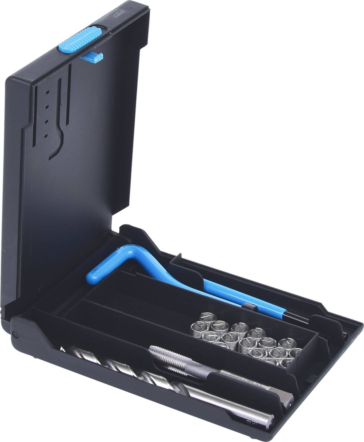 Zestaw narzędzi z wiertłem, gwintownikiem, niebieskim hakiem do gięcia i metalowymi wkładkami gwintowanymi w otwartym czarnym pudełku.