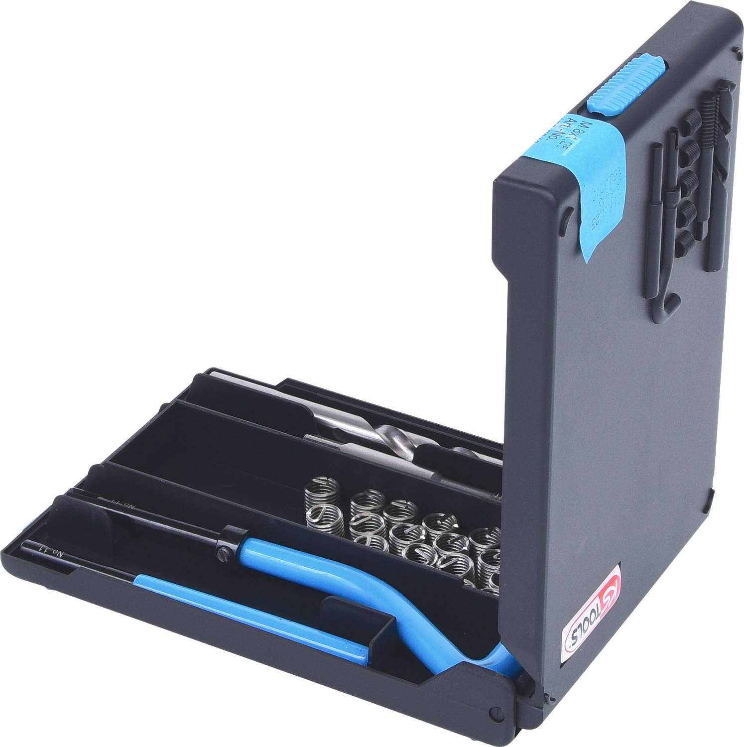 Zestaw montażowy do naprawy gwintów zawiera różne wkładki i narzędzia w kompaktowym, składanym etui.