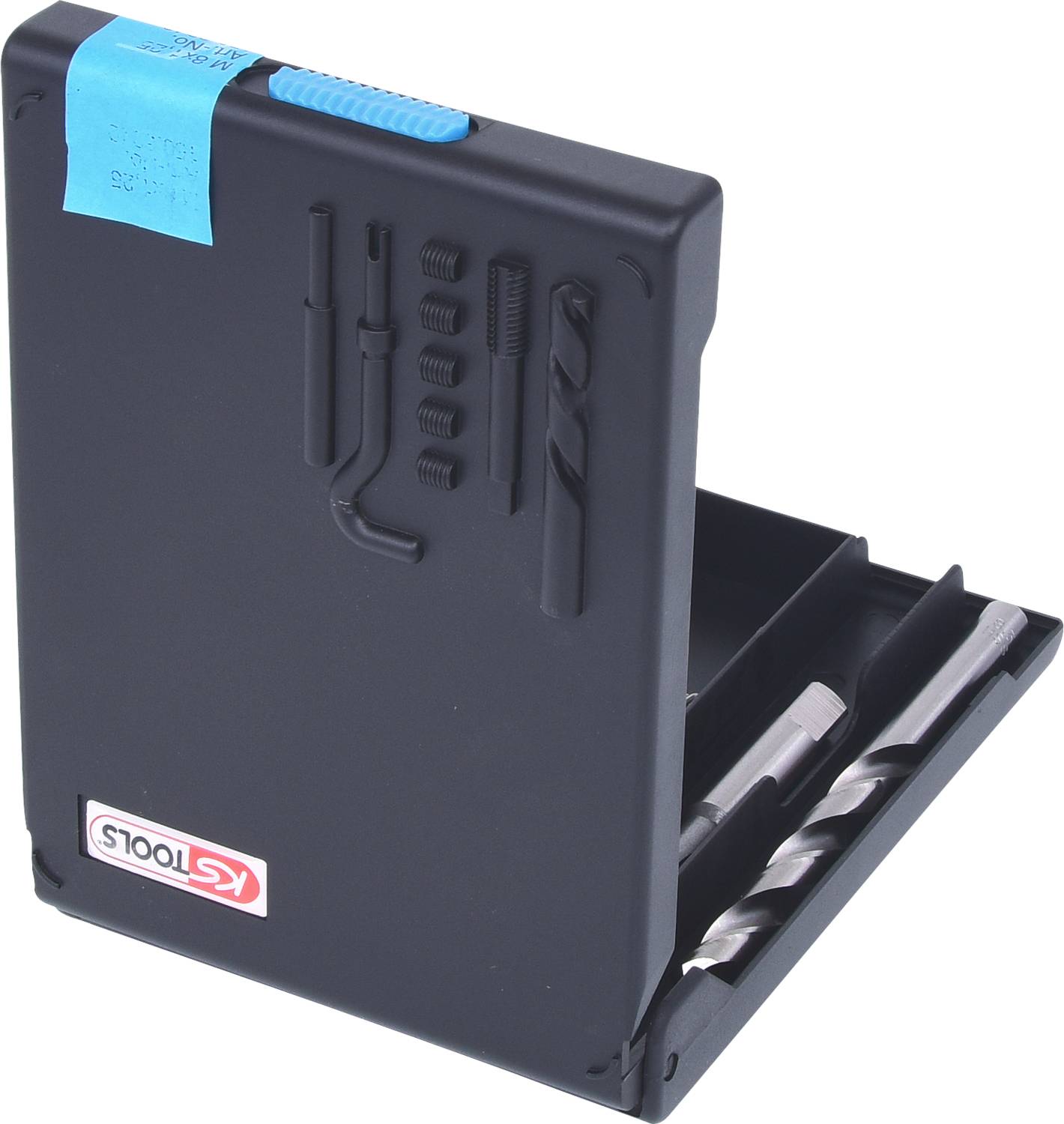 Czarny zestaw wierteł w otwartym etui, zawierający kilka wierteł i narzędzi.