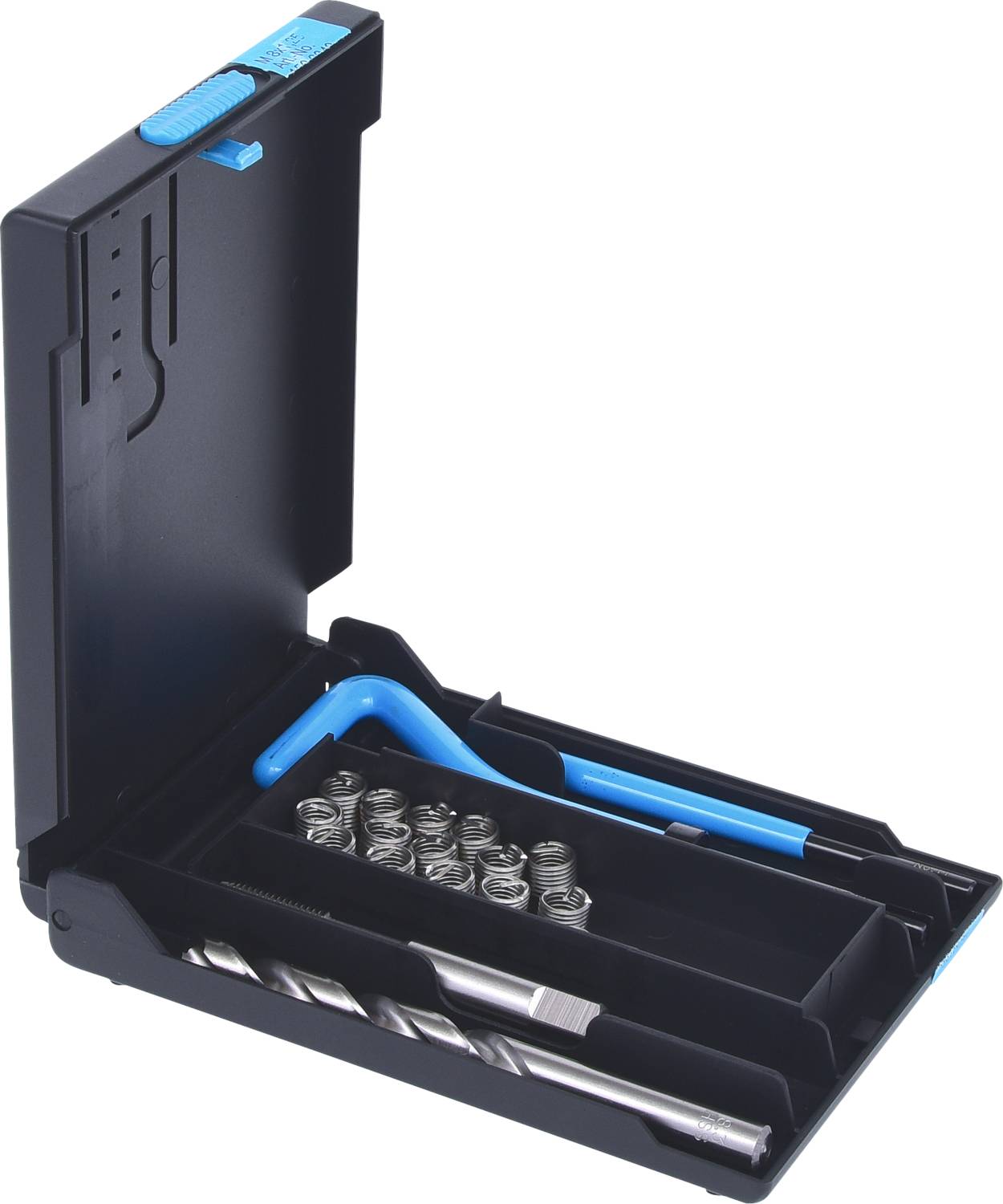Otwarty zestaw wierteł w czarnym pudełku z niebieskimi akcentami, zawierający różne wiertła i części narzędziowe.