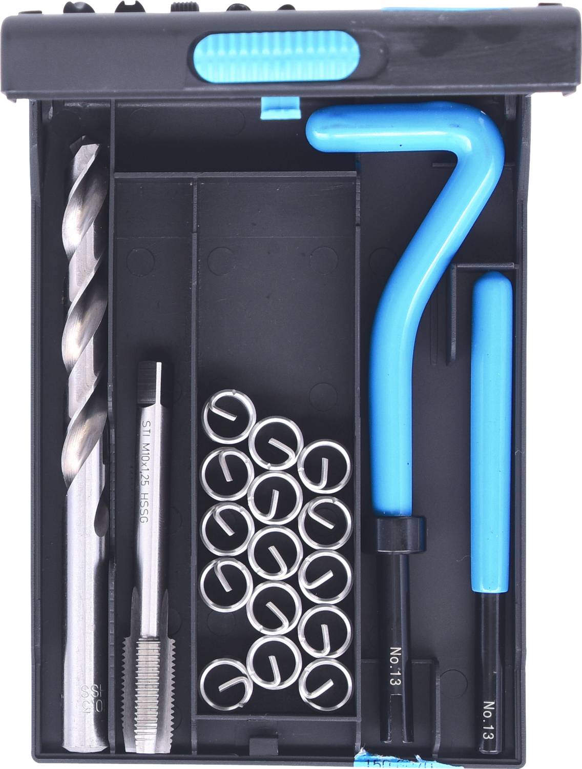Zestaw do naprawy gwintów z wiertłem, gwintownikiem, wkrętakiem i niebieskimi narzędziami w czarnej skrzynce.