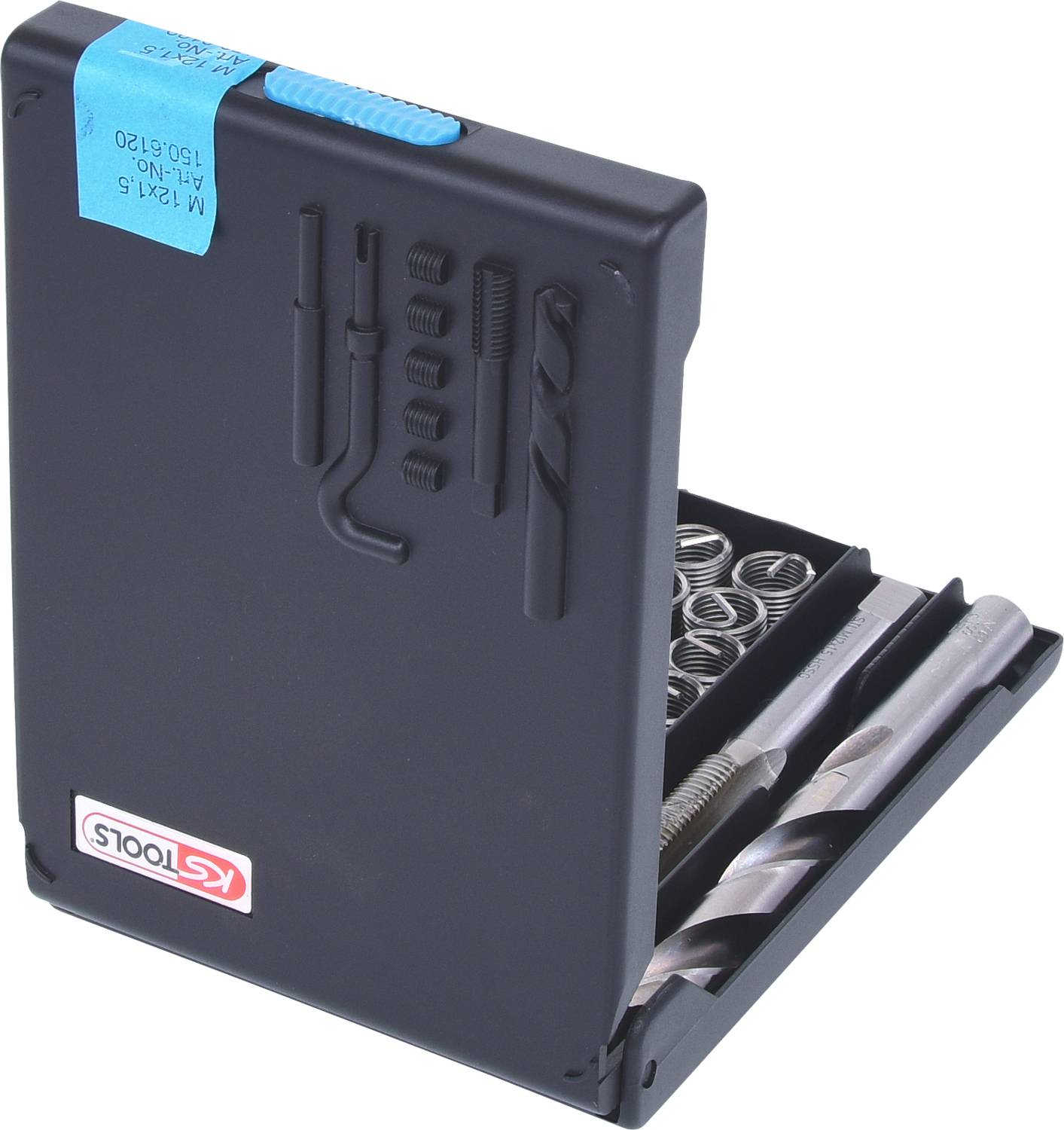 Składany zestaw narzędziowy z różnymi wiertłami i śrubami w czarnym etui z niebieskim zamknięciem.