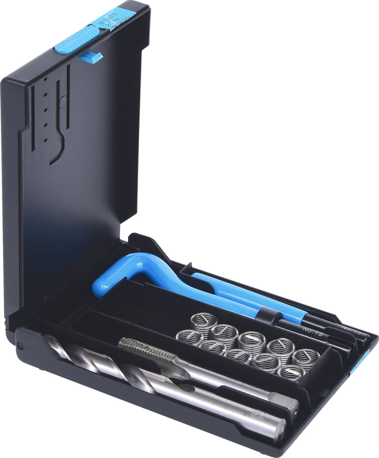 Zestaw naprawczy Helicoil otwarty narzędziem: gwintownik, narzędzie montażowe oraz wkładki gwintowe w różnych rozmiarach.