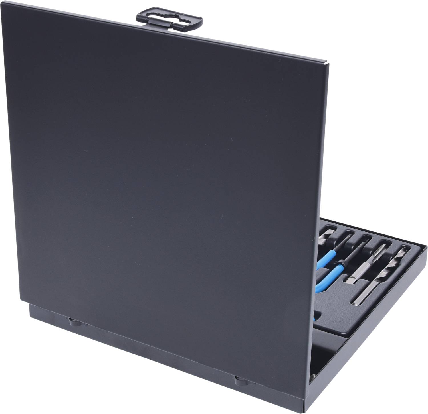 Czarne etui z otwartą pokrywką. Wewnątrz znajdują się różne małe narzędzia, w tym śrubokręty z niebieskimi uchwytami.