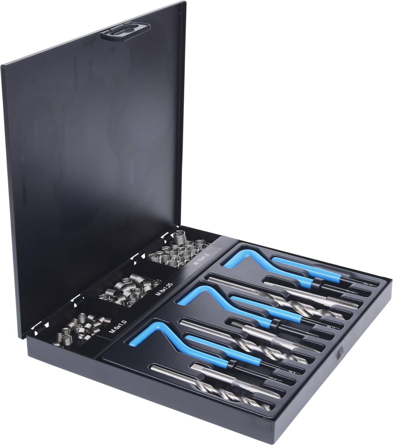 Zestaw wkrętaków w otwartej czarnej walizce z różnymi wiertłami, końcówkami i narzędziami, ułożonymi w schludnym porządku.