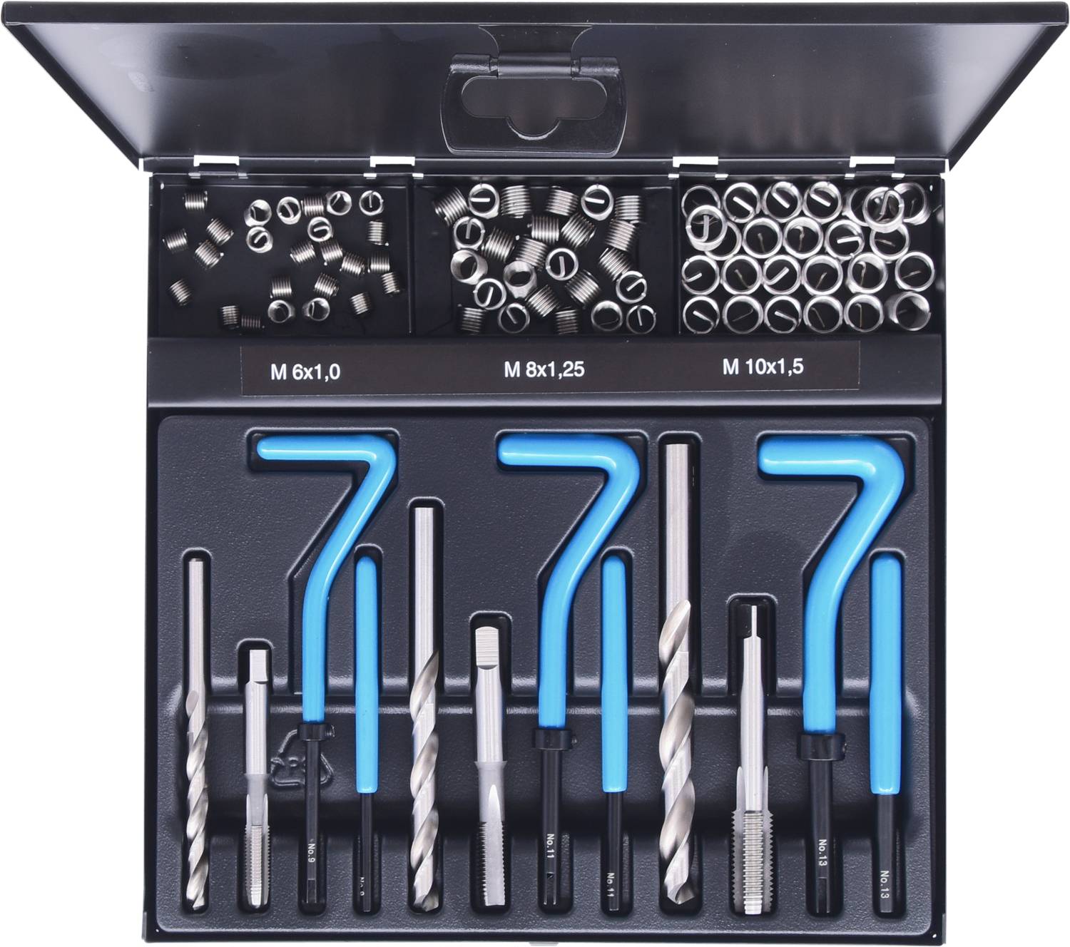 Zestaw do naprawy gwintów z wiertłami, gwintownikami i wkładkami, posortowany według rozmiarów gwintów od M6 do M10 w otwartym etui.