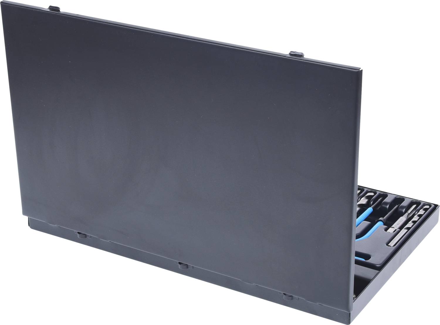 Otwarty zestaw narzędziowy z różnej wielkości śrubokrętami i szczypcami ułożonymi w profilowanych przegródkach.