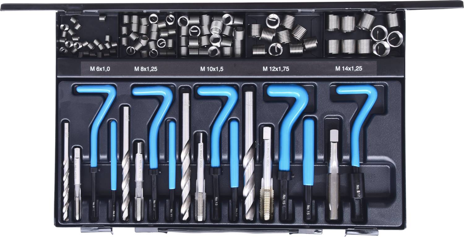 Zestaw narzędzi z wkładkami i kluczami sześciokątnymi w różnych rozmiarach. Oznaczenie wskazuje miary metryczne wkładek.