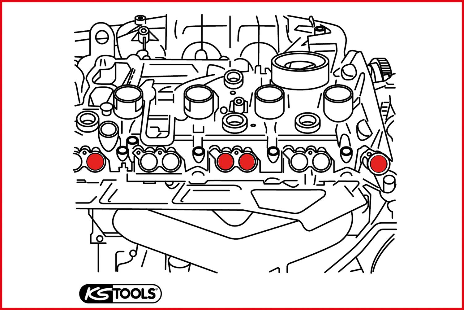 Schematyczny rysunek bloku silnika z zaznaczonymi zaworami i elementami technicznymi wyróżnionymi na czerwono.